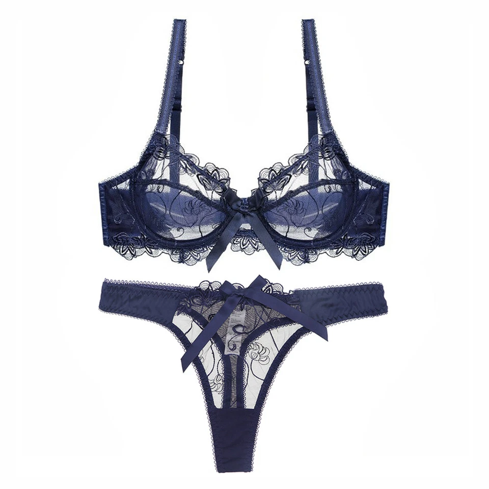 Women's Embroidered Lace Unlined Bra Set Sexy Perspective Underwear