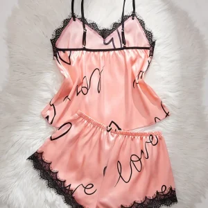 Women'S Sexy Pajama Set - Pink Lace Trim