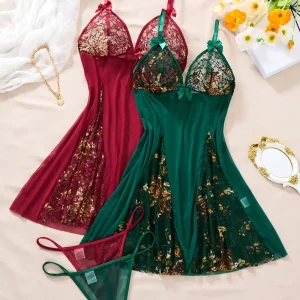 Christmas Surprise Black And Green 2pcs Sexy Nightgown Set