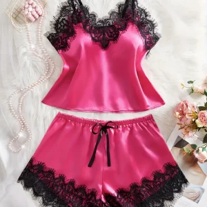 Elegant Pink Satin Pajama Set with Black Lace Trim