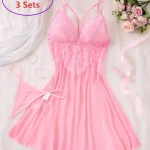 Random 3 Sets, Gothic Style Black Blue Green Burgundy Pink Five-Color Large Floral Contrast Lace High Slit Nightgowns