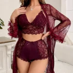 Women's 4pcs set, solid color lace patchwork top and bottom set