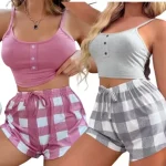 Women’s Pink Cami Tank Top & Checkered Shorts Pajama Set – Soft Loungewear Sleep