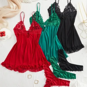 Burgundy & Green 4-Piece Women's Lingerie Sleepwear Set